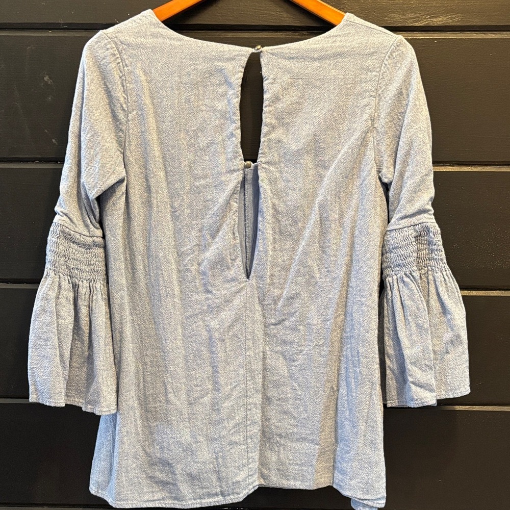 Free People Chambray Mini Dress Playsuit V-Neck Blouse Bell Sleeves - Picture 3 of 3
